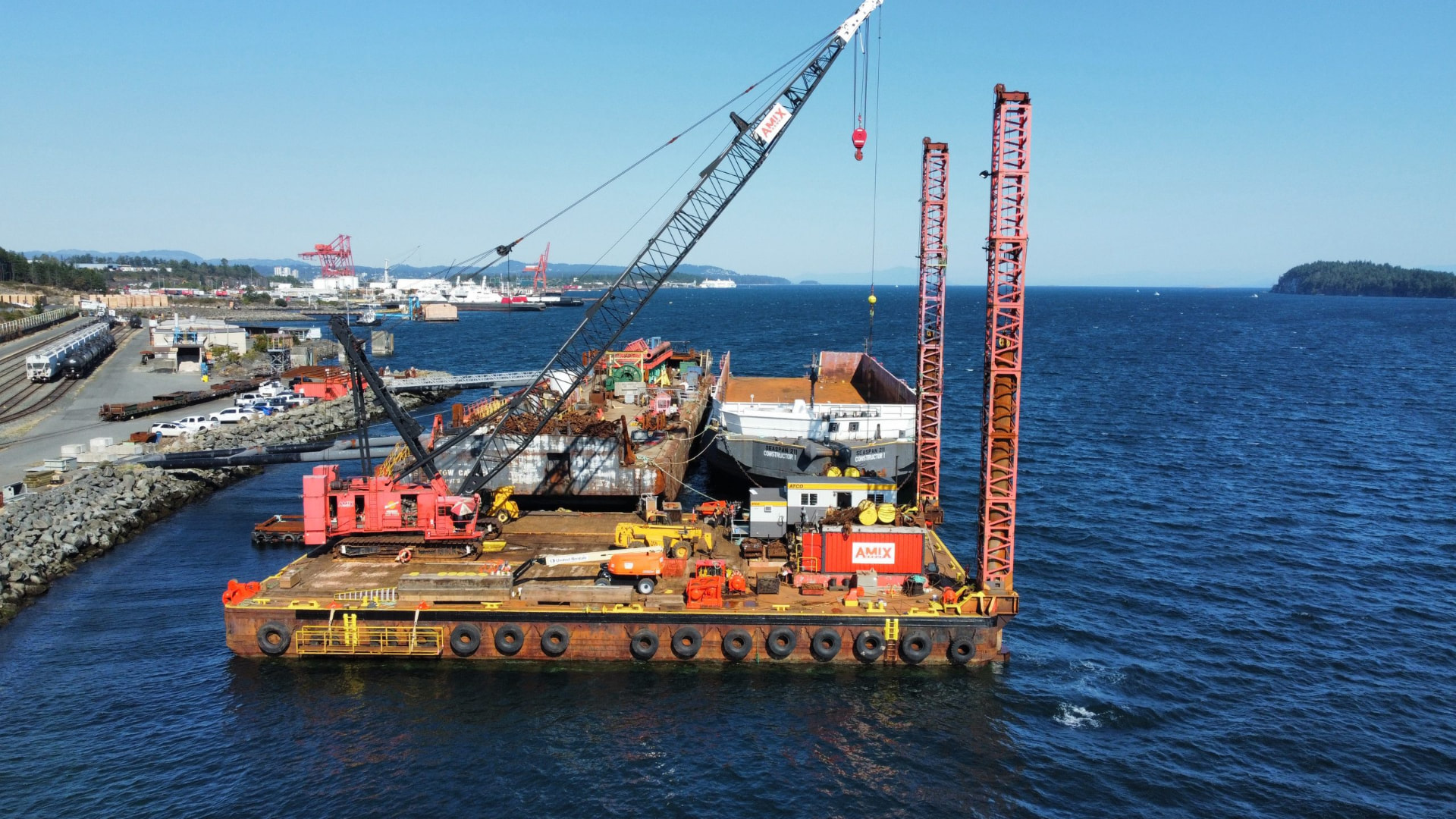 AMIX crane barge working on marine civil construction on the BC coast